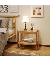 Pcs End Table with Tempered Glass Top Acacia Wood Legs Rattan Storage Shelf