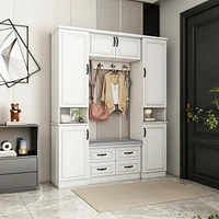 White high-gloss wooden entryway cabinet with shoe storage bench with 14 doors, soft seat for doorside storage