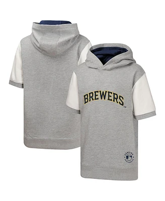 Outerstuff Big Boys and Girls Heather Gray Milwaukee Brewers Line Up Short Sleeve Pullover Hoodie