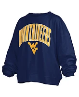 Pressbox Women's Navy West Virginia Mountaineers Janise Arch Over Logo Waist Length Oversized Pullover Sweatshirt