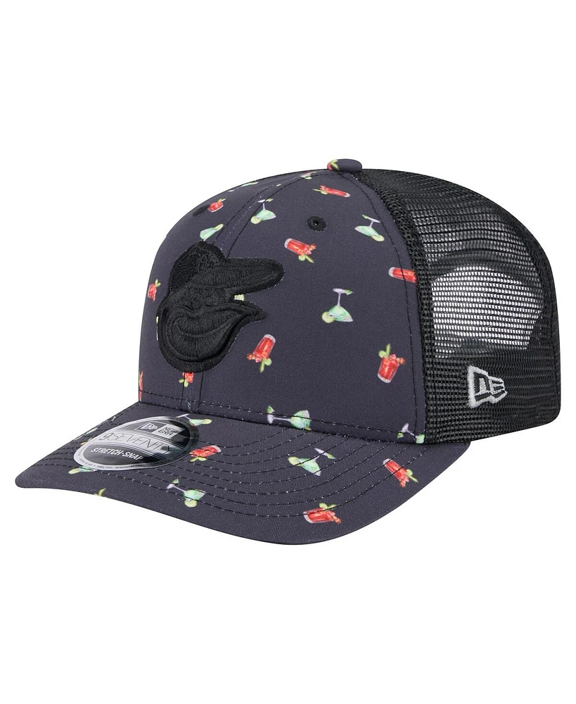 New Era Men's Black Baltimore Orioles Adventure Drinks Pattern 9SEVENTY Stretch-Snap Hat