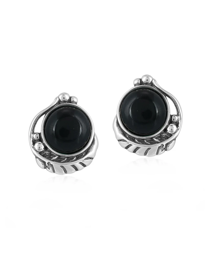Sterling Silver Black Onyx Leaf Design Button Earrings