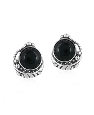 Sterling Silver Black Onyx Leaf Design Button Earrings