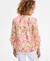 Jm Collection Women's Printed Embellished V-Neck Ruffle-Sleeve Top