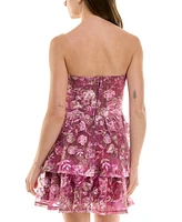 Trixxi Juniors' Printed Strapless Embroidered Tiered Dress