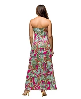 24seven Comfort Apparel Women's Pink Paisley A Line Strapless Maxi Dress with Pockets