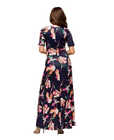 24seven Comfort Apparel Women's Navy Floral Print Elbow Sleeve Casual A Line Maxi Dress