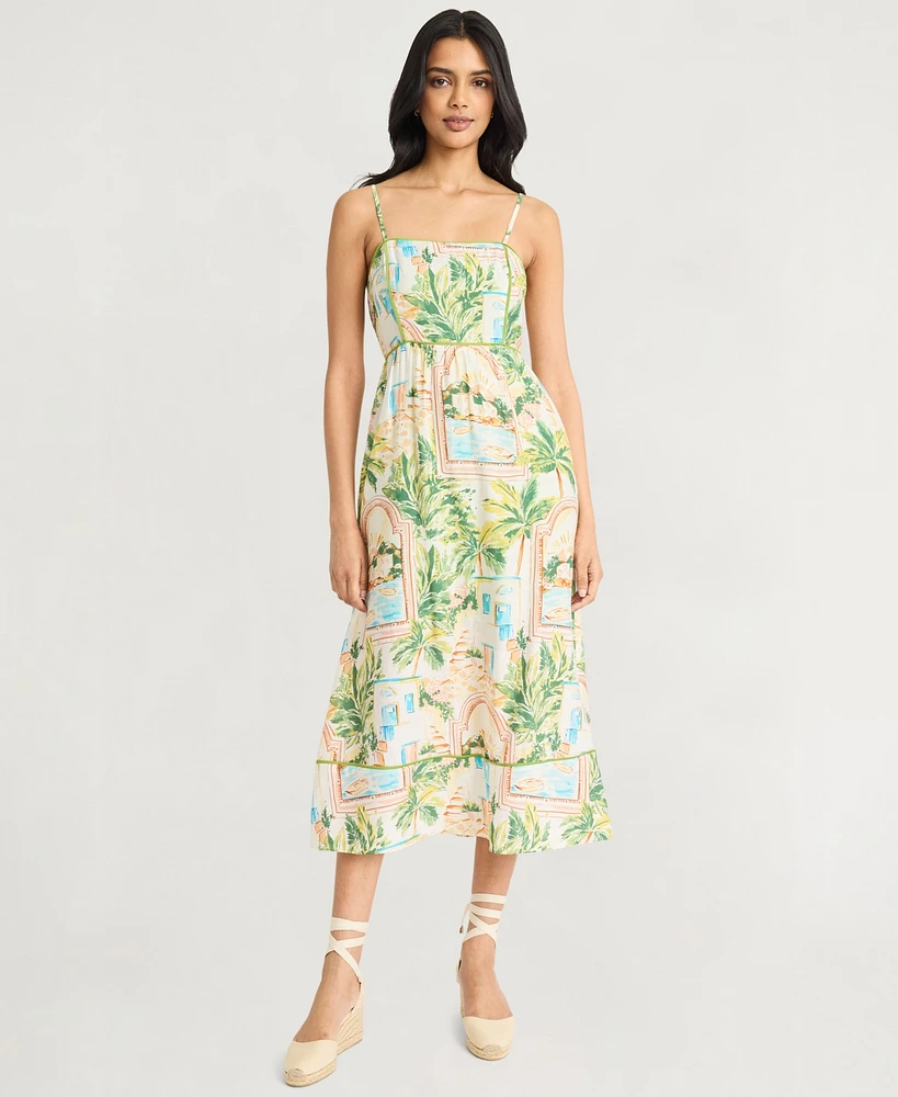 The Good Journey Women's Piping-Trim Postcard-Print Midi Dress