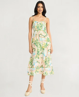The Good Journey Women's Piping-Trim Postcard-Print Midi Dress