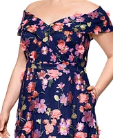 Xscape Plus 3D-Floral Embroidered Off-The-Shoulder Dress