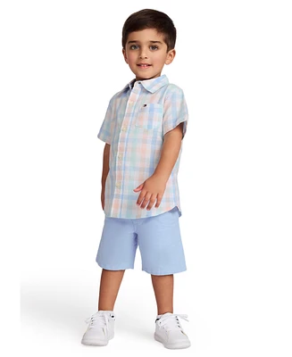 Tommy Hilfiger Toddler Boys 2-Piece Short Sleeve Seersucker Plaid Shirt and Oxford Shorts Set