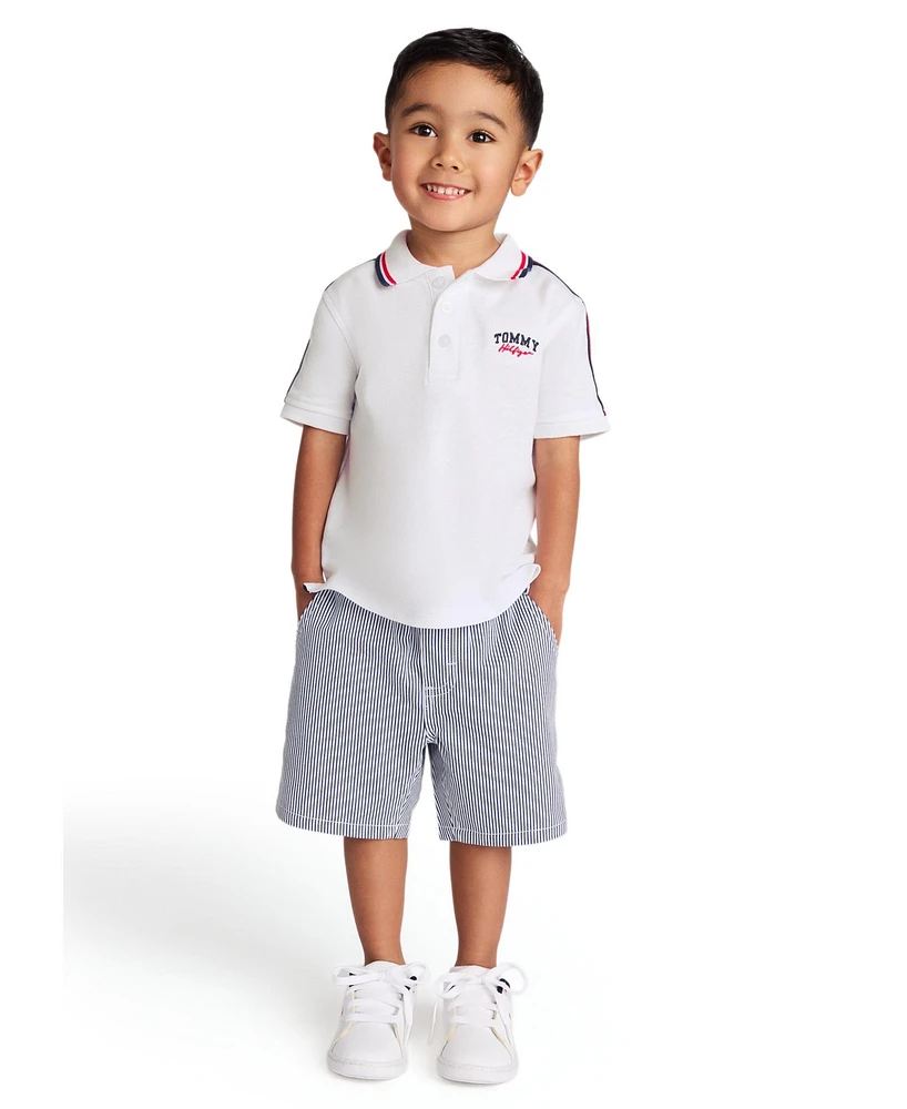 Tommy Hilfiger Toddler Boys 2-Piece Signature Polo Shirt and Yarn-Dyed Stripe Oxford Shorts Sets