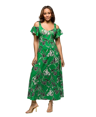 24seven Comfort Apparel Women's Green Floral Cold Sholder Ruffle Sleeve A Line Maxi Dress
