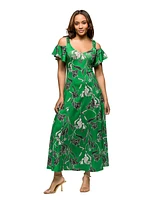 24seven Comfort Apparel Women's Green Floral Cold Sholder Ruffle Sleeve A Line Maxi Dress