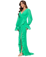 Xscape Women's V-Neck Ruffle-Trim Slit-Front Chiffon Gown