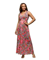 24seven Comfort Apparel Women's Pink Paisley Print V Neck Empire Waist Sleeveless Maxi Dress