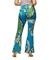24seven Comfort Apparel Women's Teal Paisley Print Bell Bottom Foldover Waist Pants