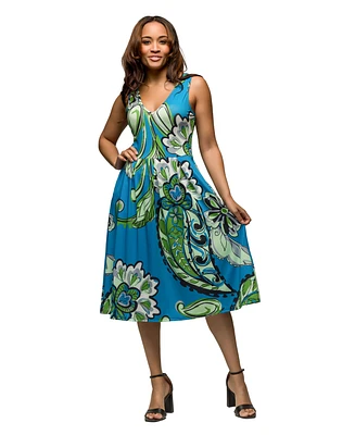 24seven Comfort Apparel Women's Midi Length Teal Paisley Print Sleeveless Pleated Pocket Dress