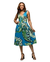 24seven Comfort Apparel Women's Midi Length Teal Paisley Print Sleeveless Pleated Pocket Dress
