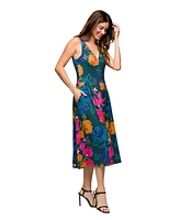 24seven Comfort Apparel Women's Midi Length Blue Floral Print Sleeveless Pleated Pocket Dress