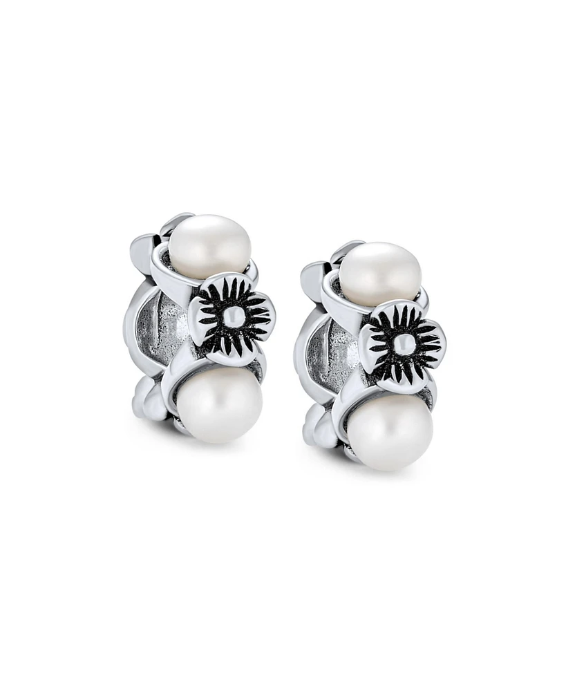 Bling Jewelry Set of 2 White Simulated Pearl Flower Charm Bead Sterling Silver for European Bracelet