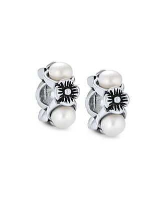Bling Jewelry Set of 2 White Simulated Pearl Flower Charm Bead Sterling Silver for European Bracelet