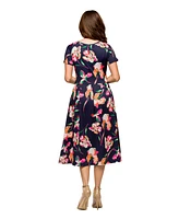 24seven Comfort Apparel Women's Navy Floral Short Sleeve Pleated Flare Midi Pocket Dress
