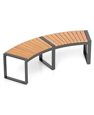 Backless 2-Person Patio Curved Bench with Slatted Seat & Metal Legs Oil Painted