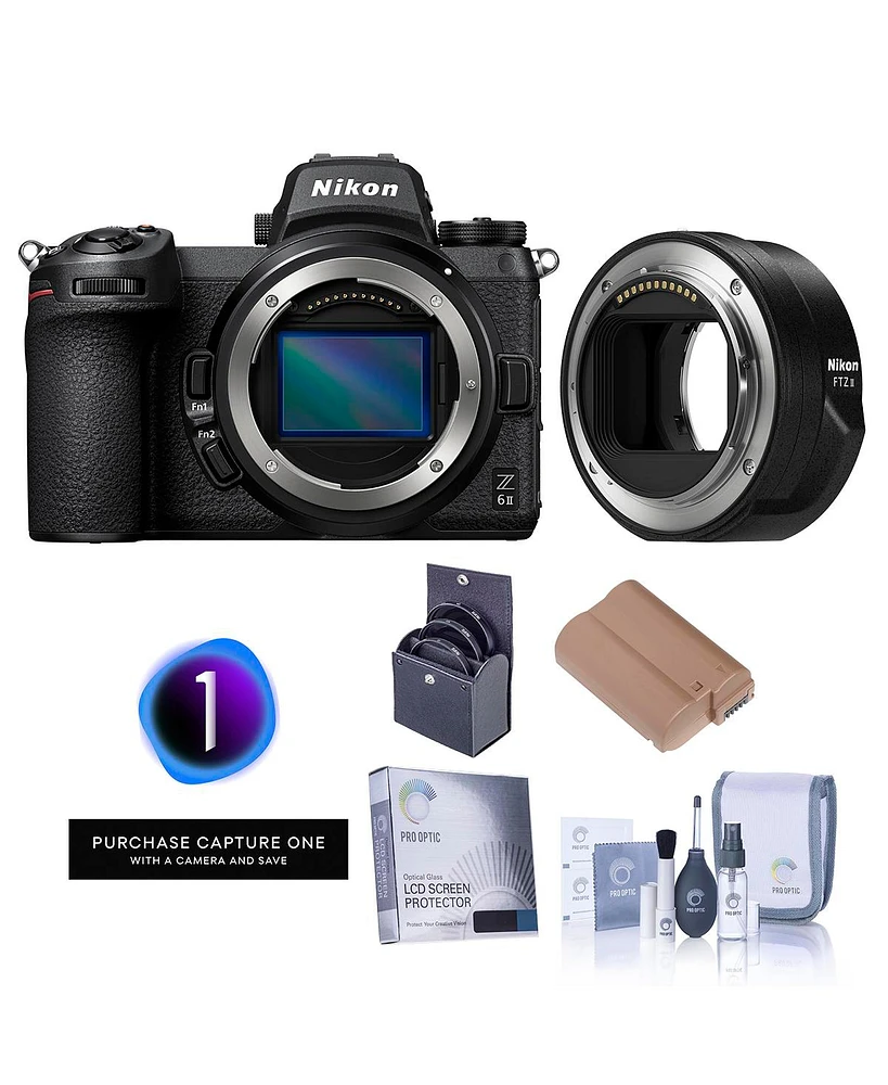 Nikon Z 6II Mirrorless Digital Camera with Mount Adapter Ftz II, Bundle with Capture One Pro, Extra Battery, Screen Protector, Cleaning Kit