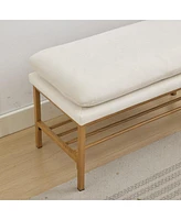 Modern Upholstered End of Bed Bench with Metal Legs and Storage Shelf Versatile Shoe Rack Ottoman for Entryway Bedroom Living Room Window or Hallway-T