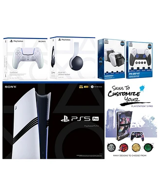 Sony Playstation 5 Pro Bundle with White Pulse Headset, Extra Cosmic Red Controller, Fps Grip Kit, Dual Charge Dock and MightySkins Decal Voucher Plus