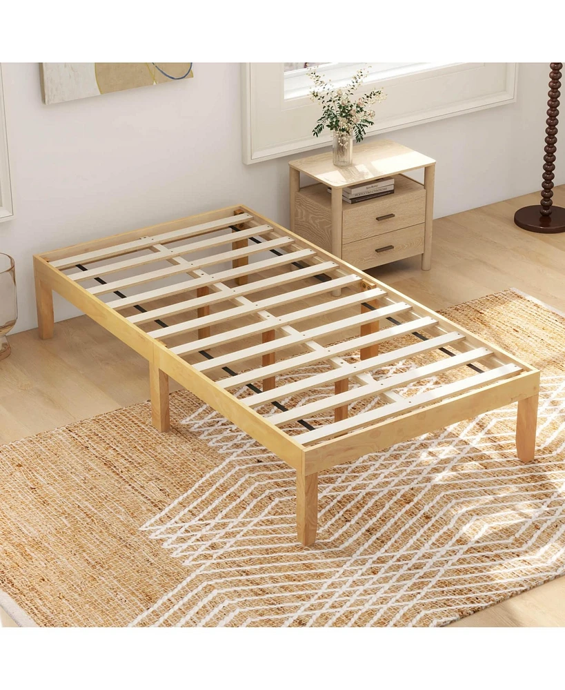 Twin Size Wooden Platform Bed Frame 14" with Rubber Wood Legs Under-bed Storage