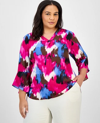 Jones New York Plus Printed Flutter-Sleeve Blouse