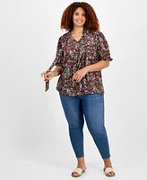 Jones New York Plus Printed Tie-Neck Short-Puff-Sleeve Blouse