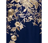 Betsy & Adam Plus Metallic-Embroidered A-Line Gown