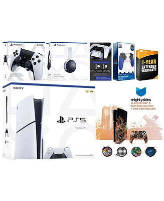 Sony Playstation 5 Slim Disc with White Pulse Headset, Extra Edge Controller, Trigger Stop Kit, Charge Dock and MightySkins Decal Voucher + 1 Year Cps