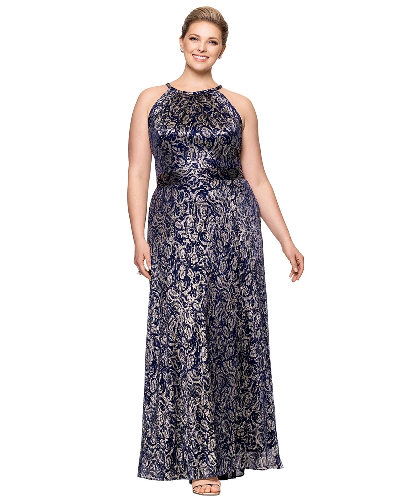 Betsy & Adam Plus Metallic Floral Print Sleeveless Gown