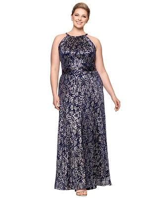 Betsy & Adam Plus Metallic Floral Print Sleeveless Gown