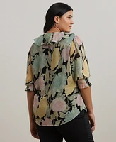Lauren Ralph Plus Floral Georgette Ruffle-Trim Blouse
