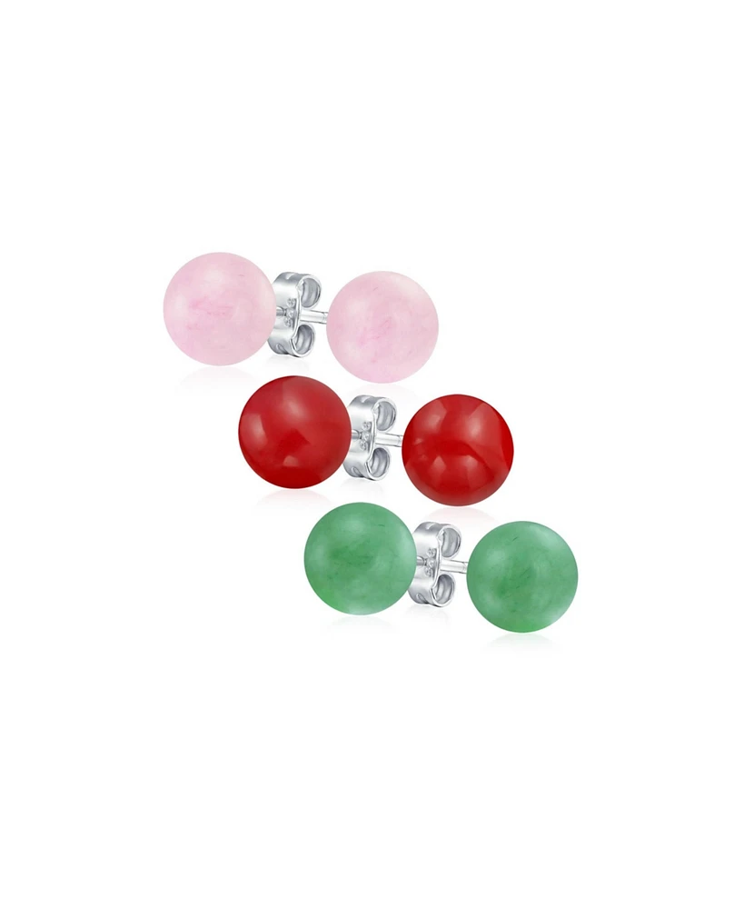 Bling Jewelry Set of 3 8MM Natural Pink Quartz Red Carnelian Green Aventurine Drop Ball Earrings