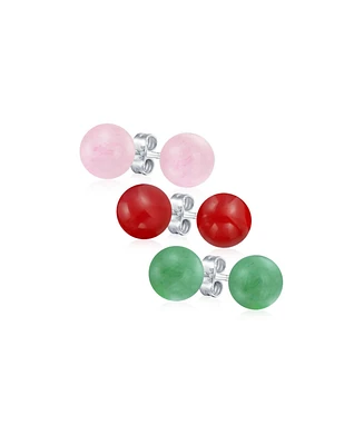 Bling Jewelry Set of 3 8MM Natural Pink Quartz Red Carnelian Green Aventurine Drop Ball Earrings