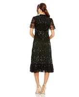 Mac Duggal Women's Sequined High Neck Ruffled Flutter Sleeve Midi Dress