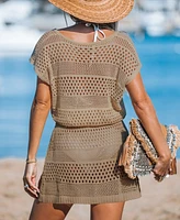 Cupshe Women's Beige Crochet V-Neck Short Sleeve Cover-Up Mini Beach Dress