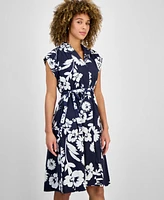 Sandra Darren Petite Cap-Sleeve Belted Shirtdress