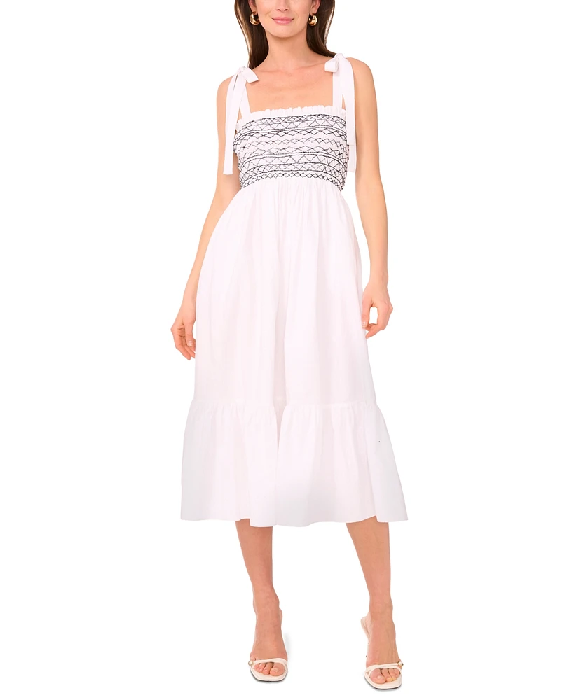 1.state Women's Cotton Tie-Shoulder Smocked Midi Dress