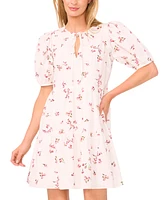 CeCe Women's Printed Cotton Eyelet Puff-Sleeve A-Line Dress