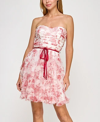pear culture Juniors' Printed Strapless Fit & Flare Dress