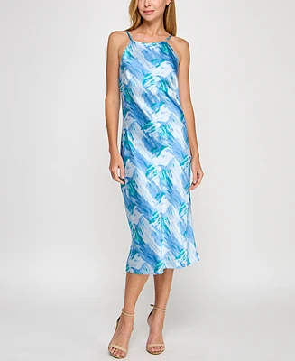 pear culture Juniors' Printed Satin High-Neck Sleeveless Midi Dress