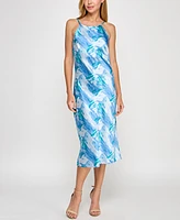 pear culture Juniors' Printed Satin High-Neck Sleeveless Midi Dress