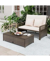 Patio Rattan Daybed Wicker Loveseat Sofa with Multifunctional Ottoman